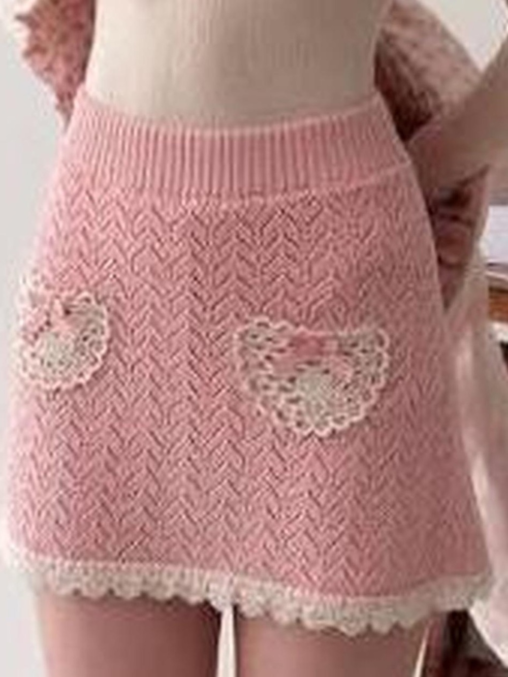 *NWT* LACEMADE Strawberry Post Knit Sweater Skirt Pink Ivory Pocket & Accents —S